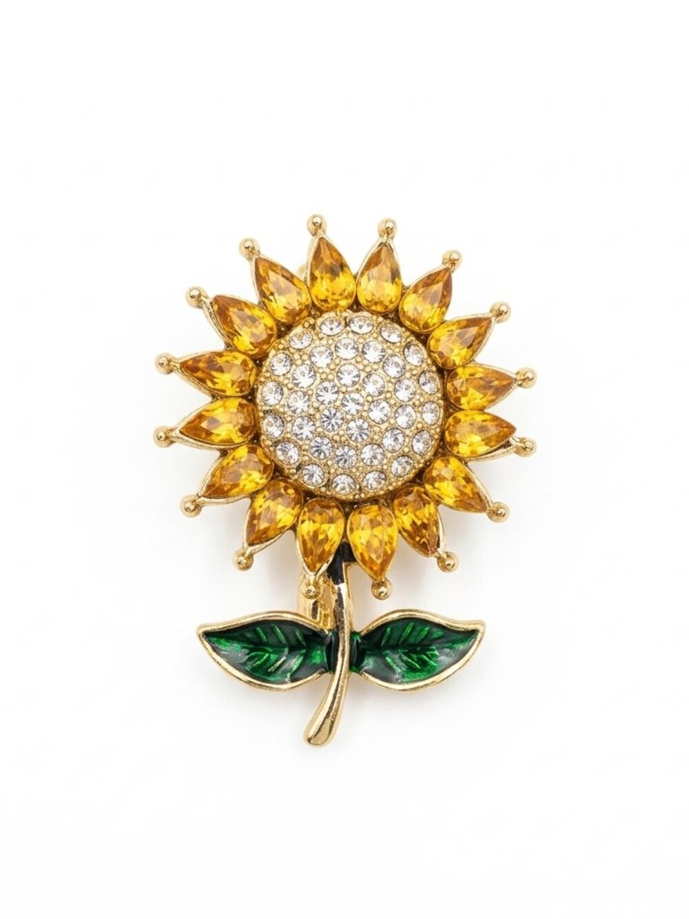 Gold Tone Sunflower Brooch Amber Rhinestones & Green Enamel Leaves